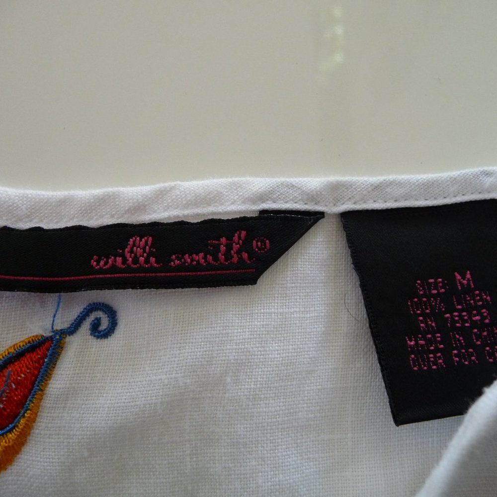 WILLI SMITH  TRENDY BOHEMIAN HIPPIE WHITE LINEN EMBROIDERED BLOUSE SIZE M - Picture 7 of 7